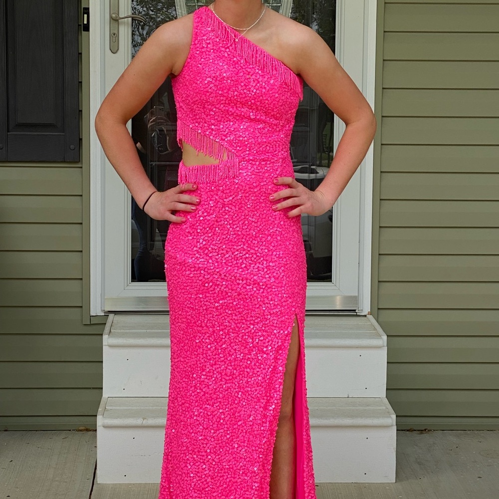 Hot pink prom dress. One shoulder w cutout.